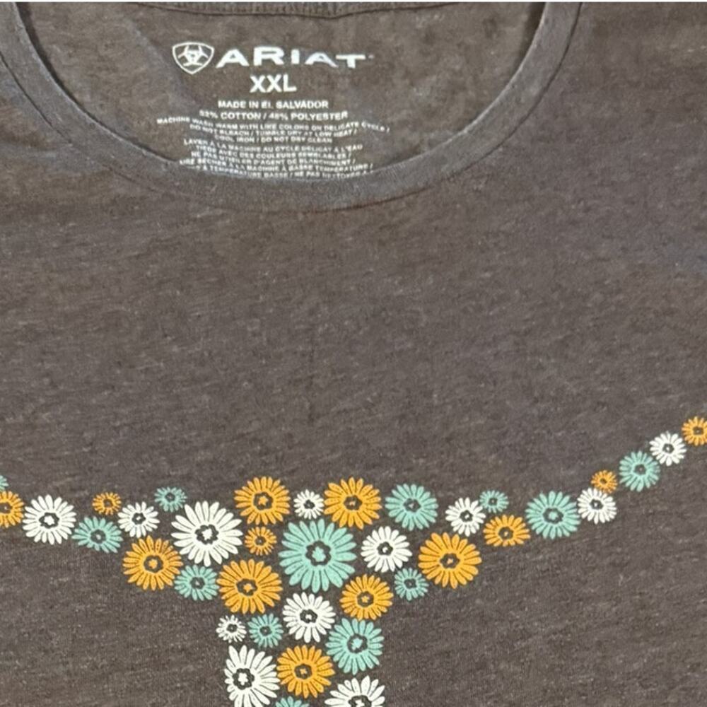 Ariat Floral Longhorn Graphic T-Shirt Women's XXL Brown Short Sleeve Western Tee - Picture 4 of 4